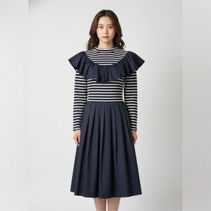 English Factory Navy and White Striped Ruffle Midi Dress
